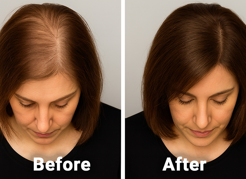 Before and after hair treatment results for female patient